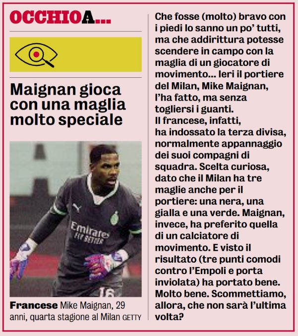 Maignan third shirt vs. Empoli gazzetta