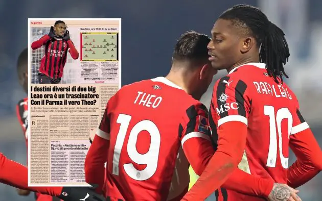 Rafael Leao of AC Milan celebrates with his team-mate Theo Hernandez