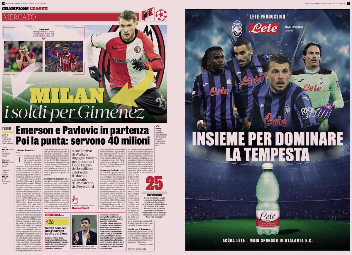 la gazzetta 21 january jimenez emerson pavlovic