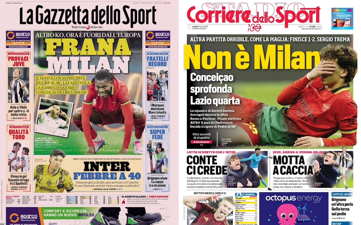 front pages 3 march milan lazio