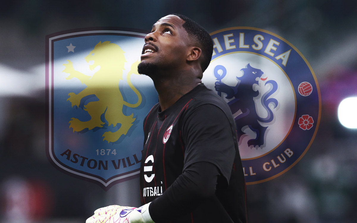 Maignan with Aston Villa and Chelsea badges