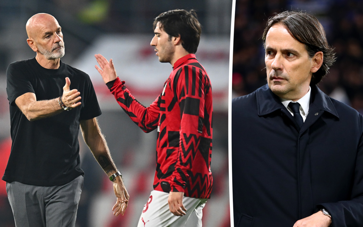 Stefano Pioli, Head Coach of AC Milan interacts with Sandro Tonali