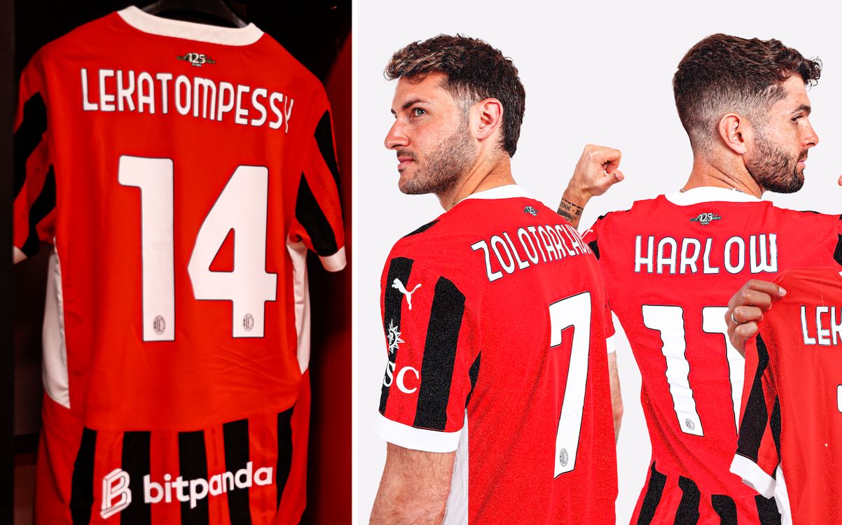 Gimenez, Pulisic and Reijnders posing with ACM jerseys