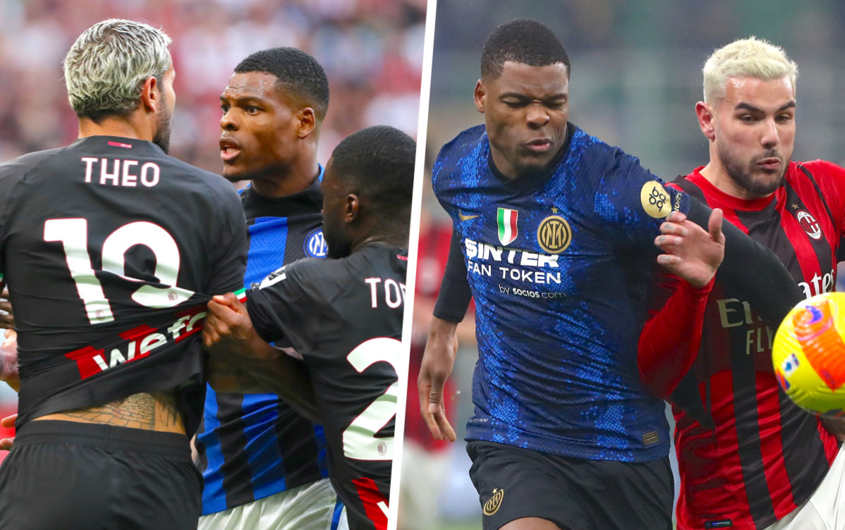 Theo Hernandez of AC Milan confronts Denzel Dumfries of FC Internazionale