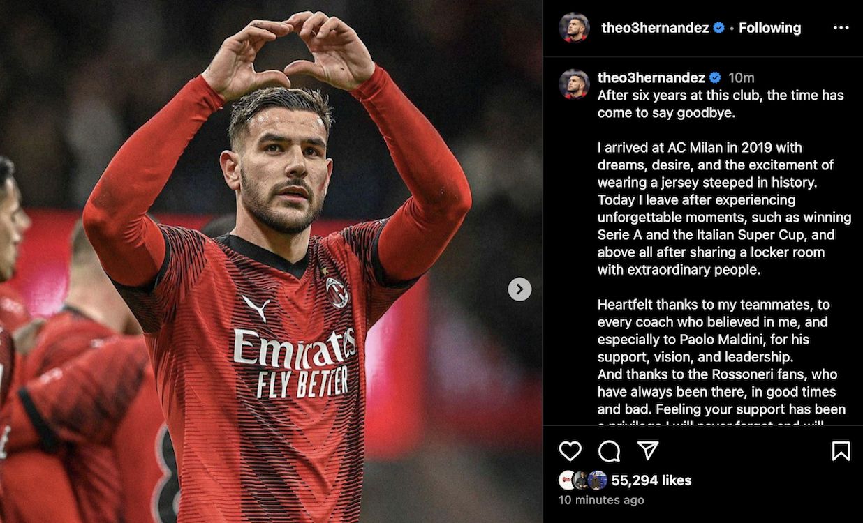 theo hernandez goodbye milan