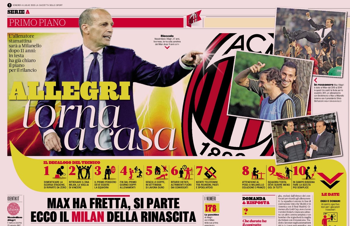 GdS: Allegri returns to Milanello with clear guidelines as ritiro and raduno beckon