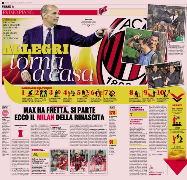 GdS: Allegri delivers 'Ten Commandments' to Milan players ahead of pre ...