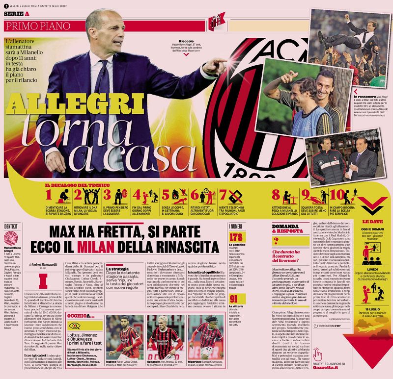 Allegri returns milanello gazzetta
