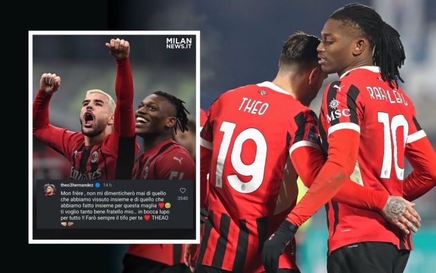 Rafael Leao of AC Milan celebrates with his team-mate Theo Hernandez