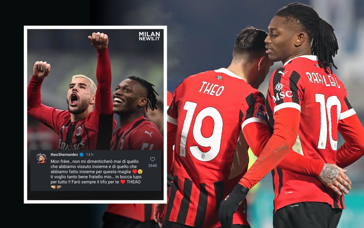 Rafael Leao of AC Milan celebrates with his team-mate Theo Hernandez