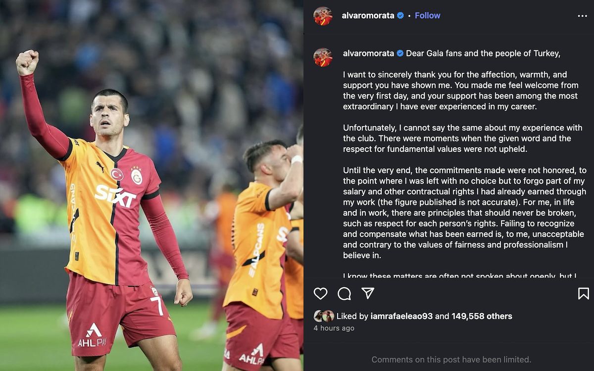 Morata strongly criticises Galatasaray: “Unacceptable and contrary to the values of fairness”
