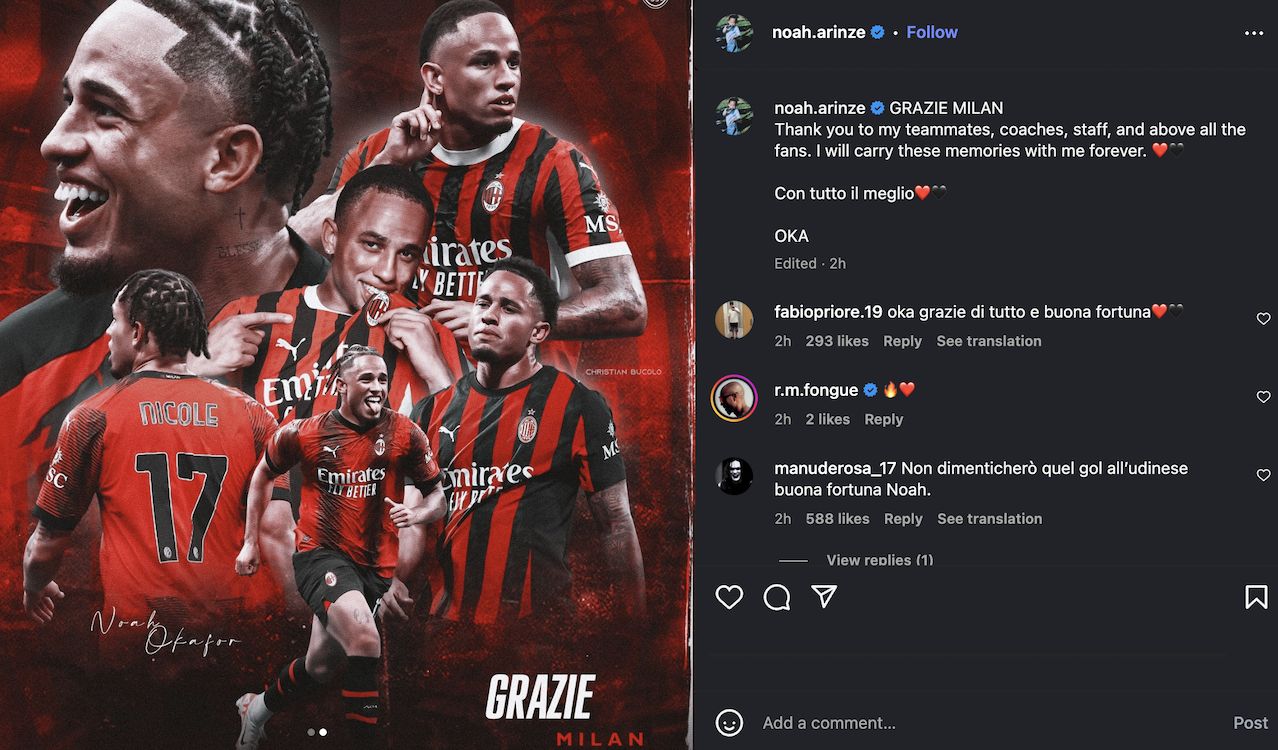 Okafor bids farewell to Milan: “I will carry these memories with me forever” – photo