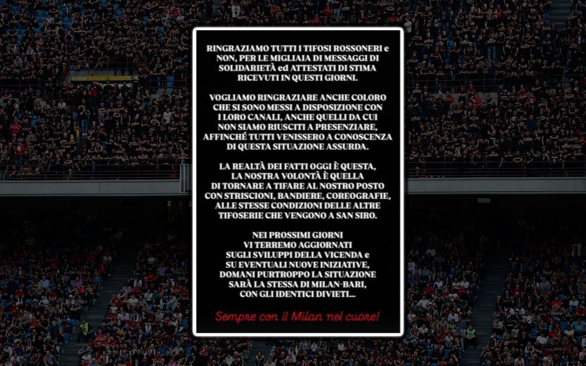 ‘Absurd situation’ – Curva Sud announce continuation of absence for Milan-Cremonese