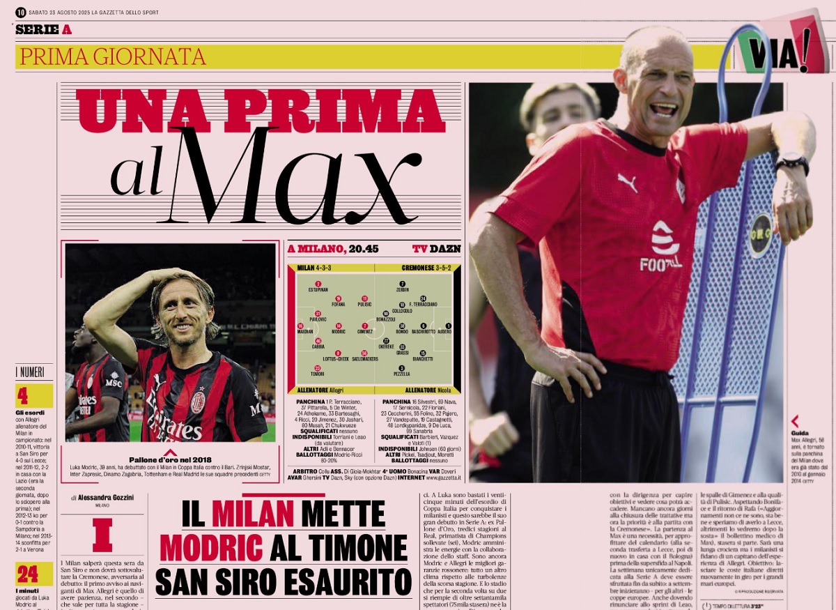 GdS: Allegri fields Modric immediately as Milan must make strong start in Serie A
