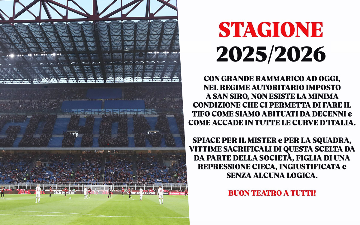 Curva Sud announce they will not cheer during Milan-Bari due to ‘authoritarian regime’