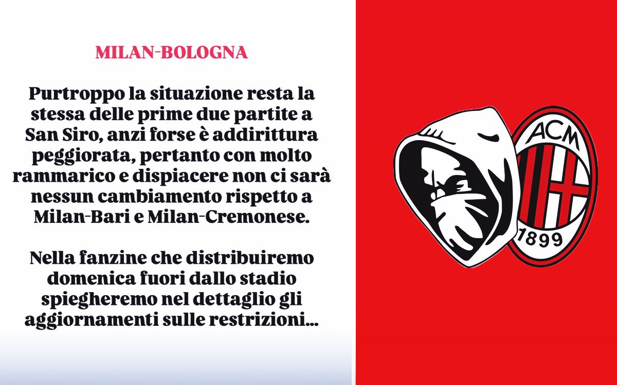 Photo: ‘Has perhaps worsened’ – Curva Sud provide new update ahead of Milan-Bologna