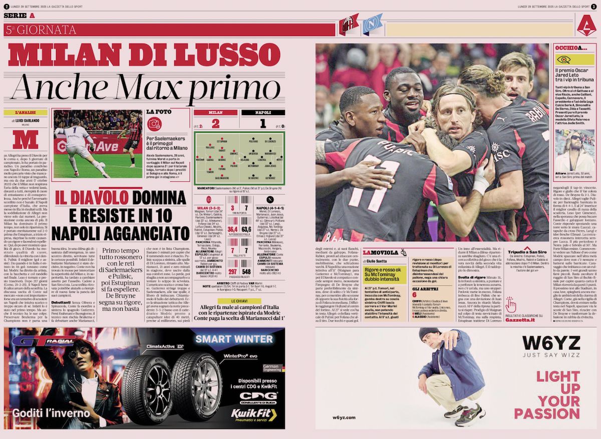 gazzetta dello sport milan napoli 29 september
