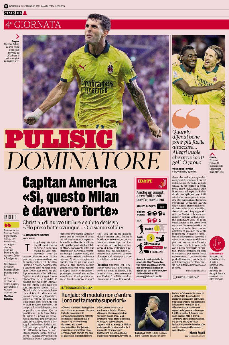 Pulisic gazzetta udinese inside