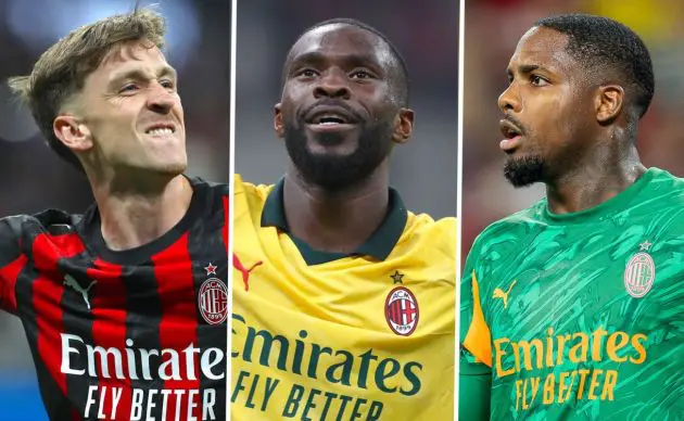 Alexis Saelemaekers, Fikayo Tomori and Mike Maignan of AC Milan