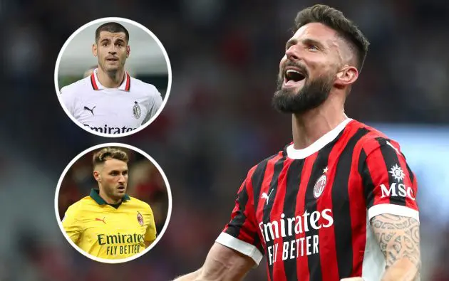 Olivier Giroud, Alvaro Morata and Santiago Gimenez of AC Milan
