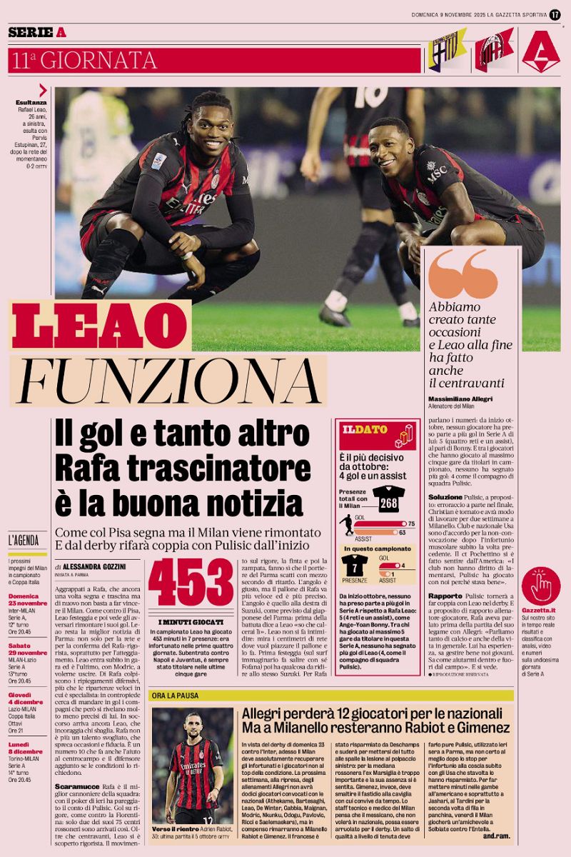 Leao Parma-Milan star gazzetta dello Sport