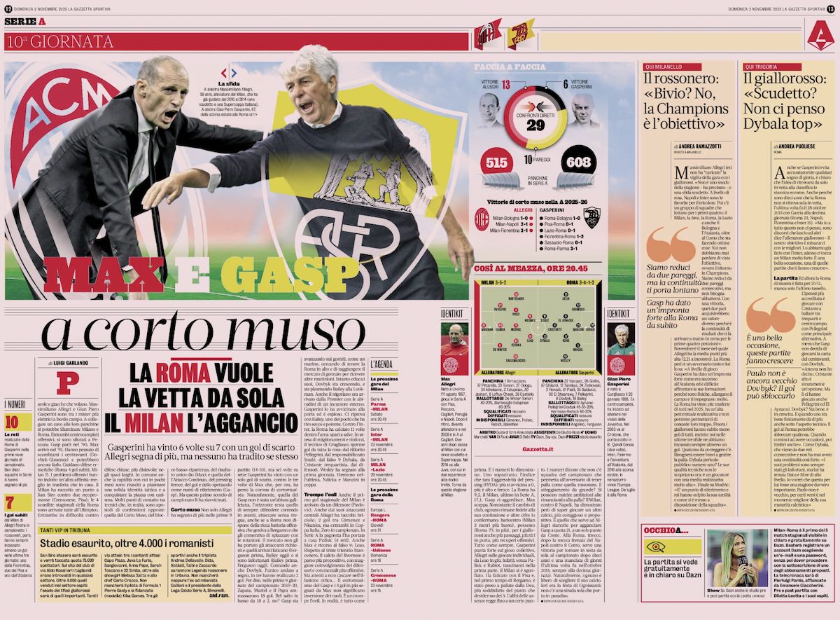 la gazzetta dello sport 2 november milan vs. roma