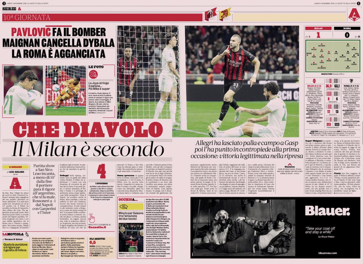 la gazzetta dello sport 3 november milan vs. roma