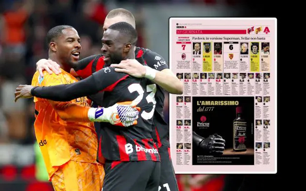 Mike Maignan of AC Milan celebrates victory with teammates Fikayo Tomori and Strahinja Pavlovic