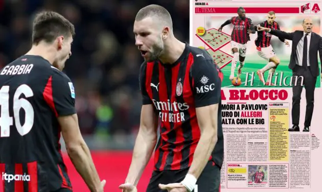 Strahinja Pavlovic of AC Milan celebrates victory with teammate Matteo Gabbia
