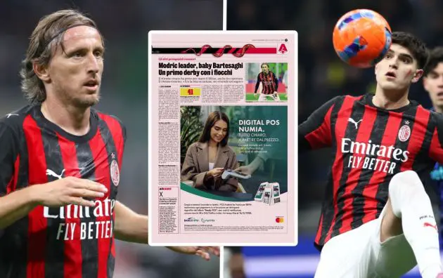Luka Modric and Davide Bartesaghi of AC Milan