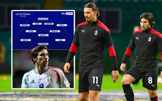 Zlatan Ibrahimovic looks on with team mate Sandro Tonali