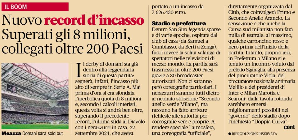 Derby ticket revenue gazzetta inside