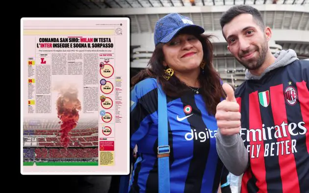 An FC Internazionale fan poses for a photo with an AC Milan fan