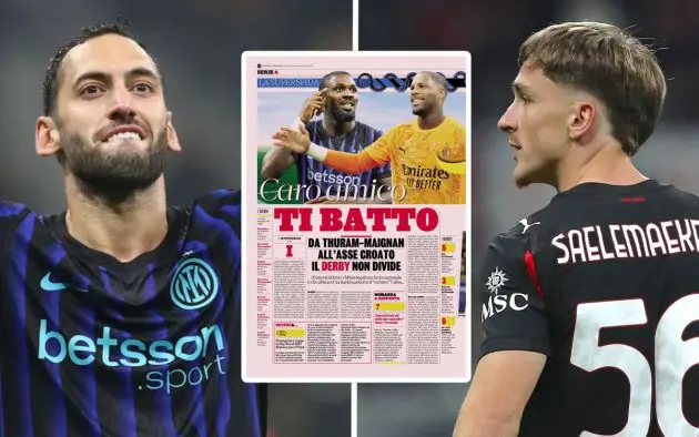 Hakan Calhanoglu of FC Internazionale, Alexis Saelemaekers of AC Milan