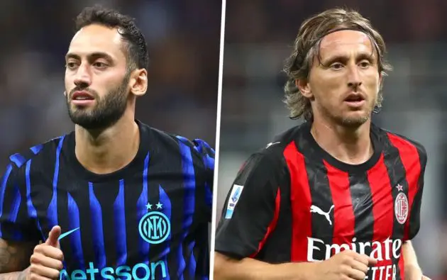 Hakan Calhanoglu of FC Internazionale, Luka Modric of AC Milan