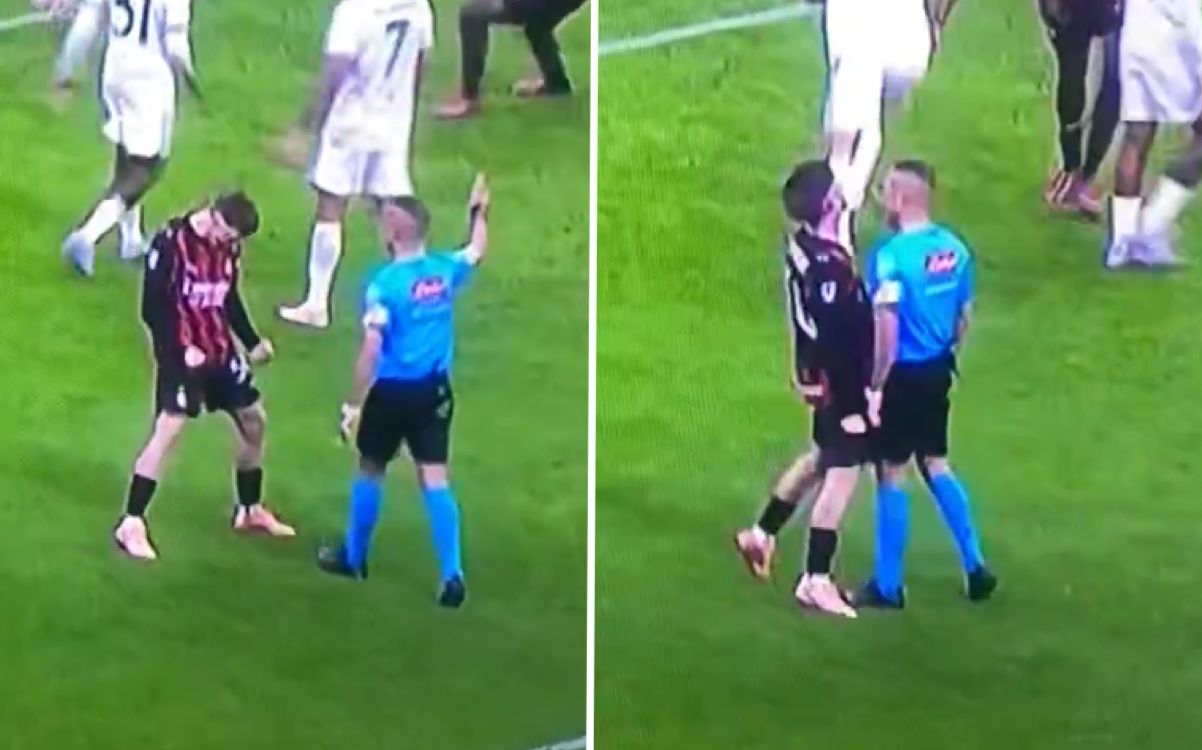 Referee Guida accused of kicking out at Saelemaekers after penalty incident - video