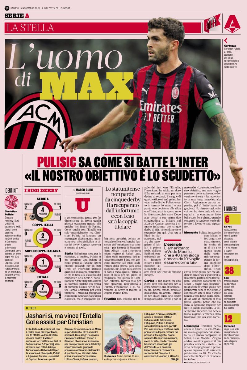 Pulisic Gazzetta nov 15 2025