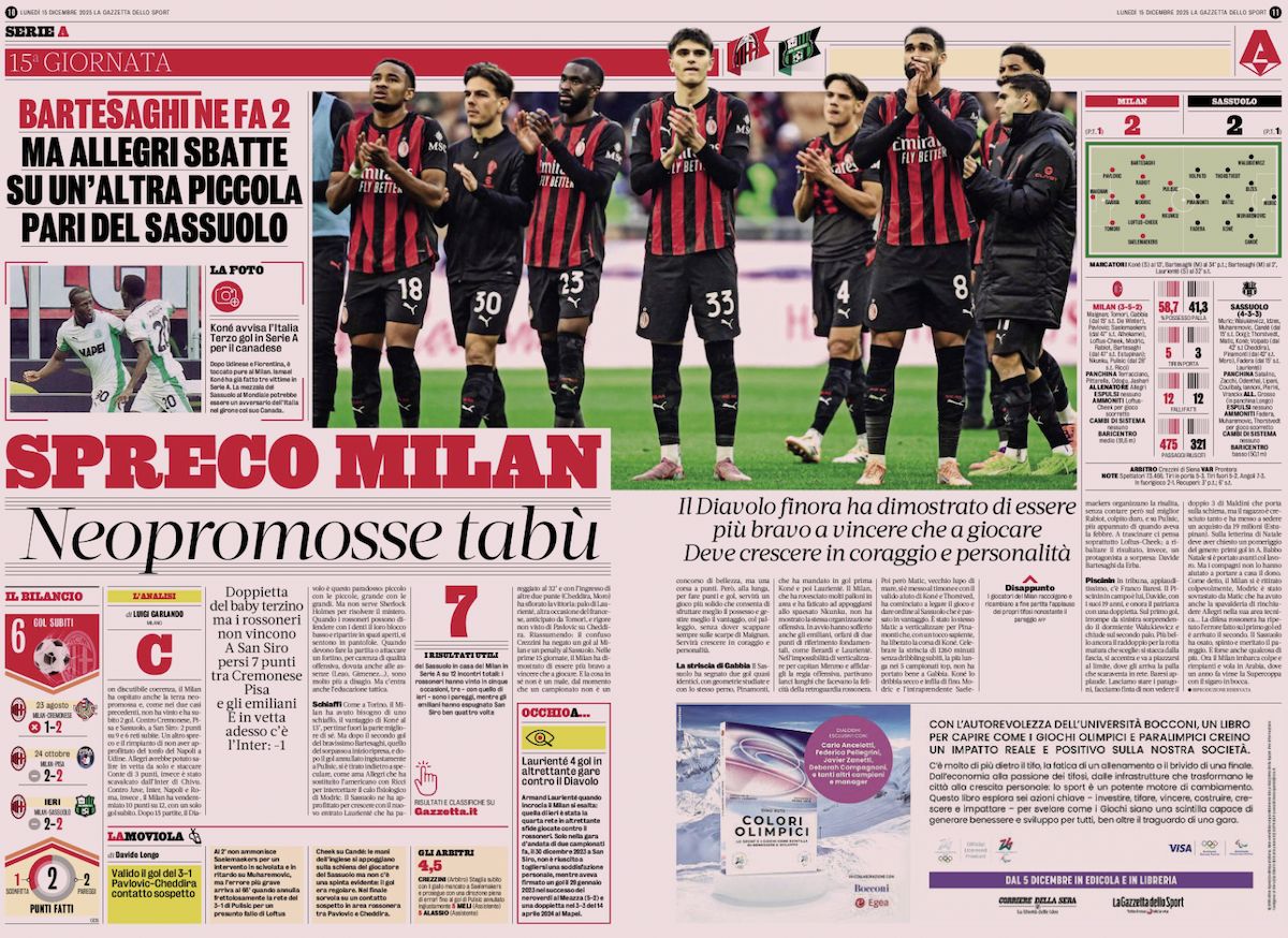 gazzetta dello sport milan 2-2 sassuolo