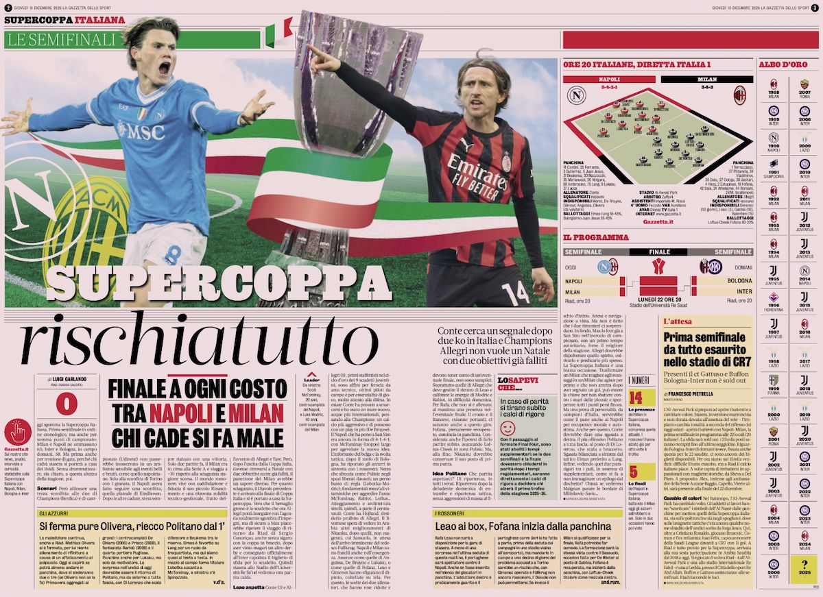 gazzetta dello sport milan napoli supercoppa