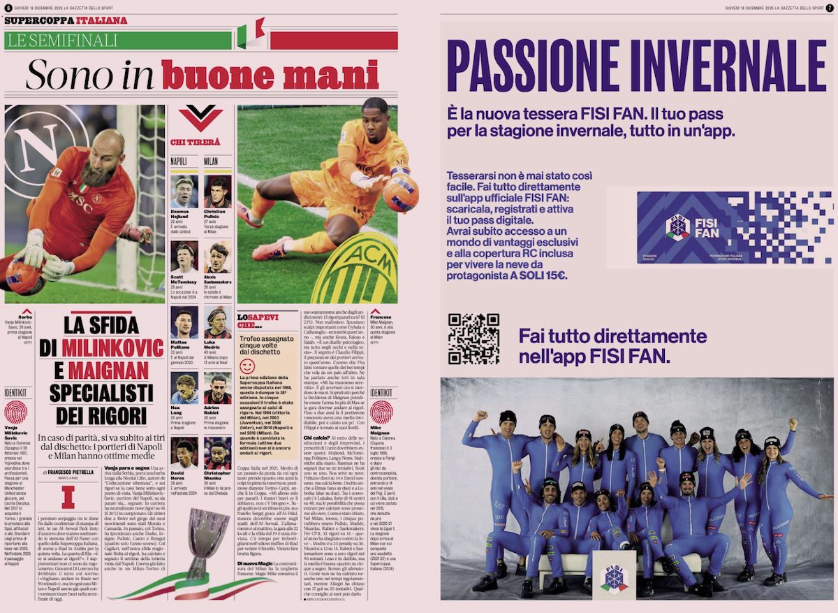 la gazzetta dello sport 18 december napoli supercoppa