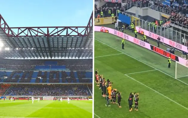 General view inside the stadium as fans of AC Milan protest