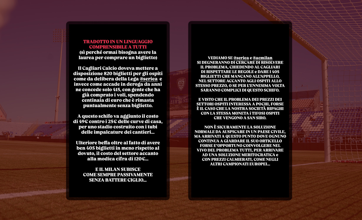 ‘Passively suffer without blinking an eye’ – Curva Sud angry about Cagliari ticket situation