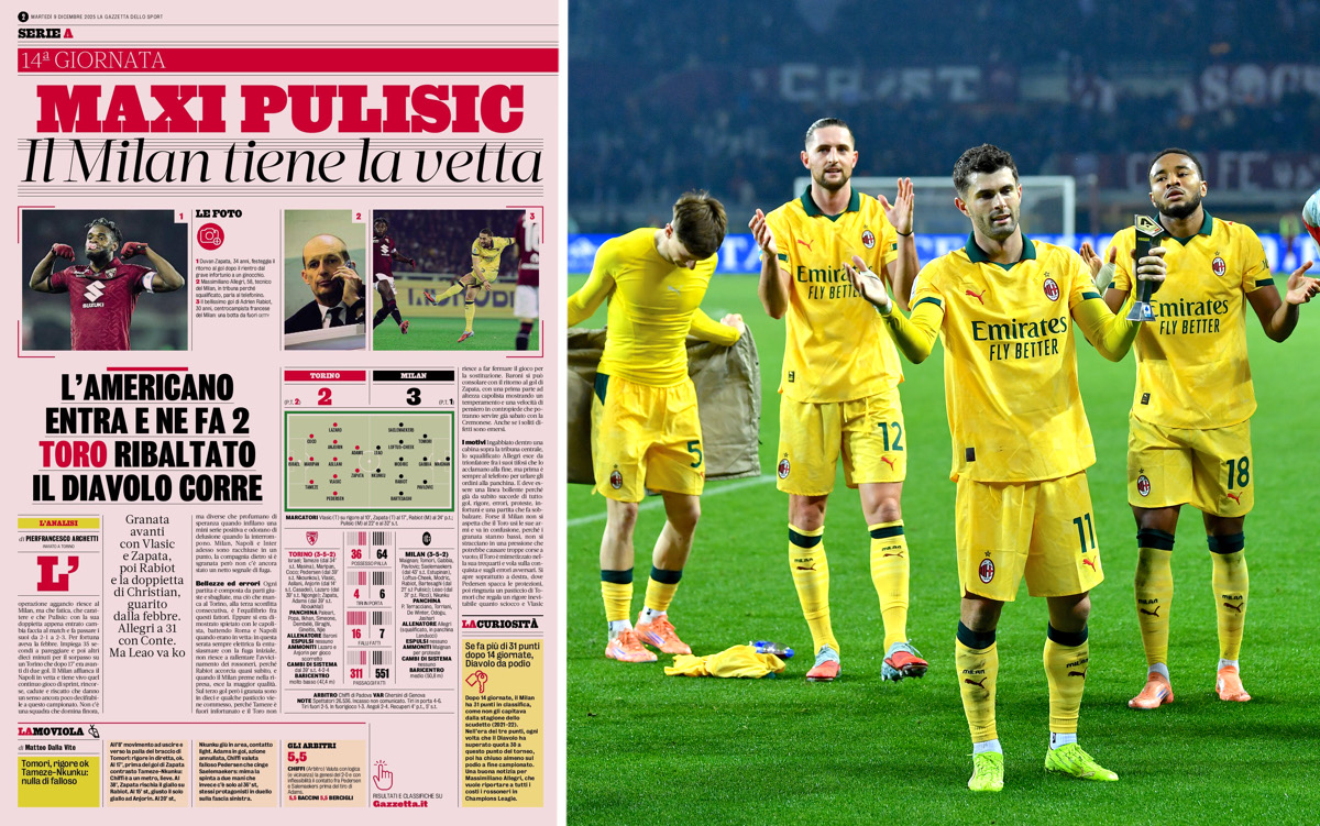 GdS: ‘Milan stay top’ – how Rabiot and Pulisic inspired comeback against Torino