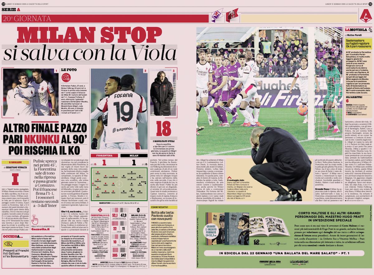 gazzetta dello sport 12 january fiorentina 1-1 milan