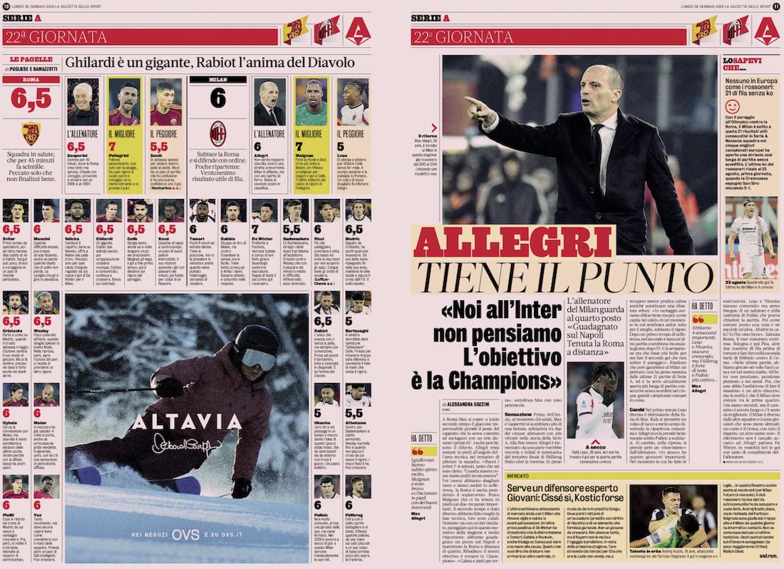la gazzetta dello sport roma 1-1 milan