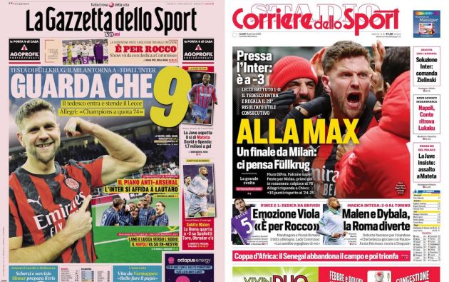 front pages milan 1-0 lecce 19 january