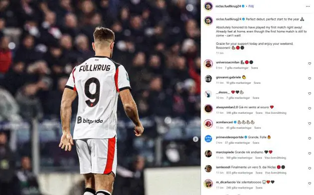 Niclas Fullkrug on Insta after Cagliari-Milan