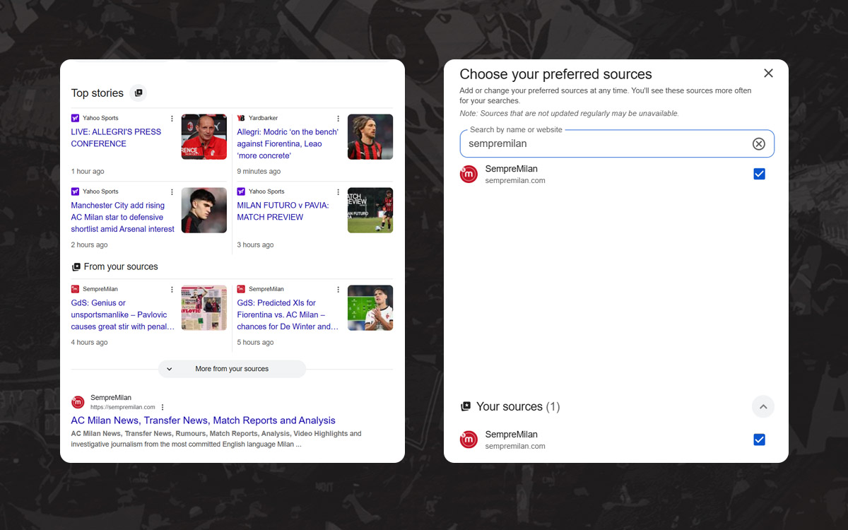 Add SempreMilan as a ‘preferred source’ on Google to stay up-to-date