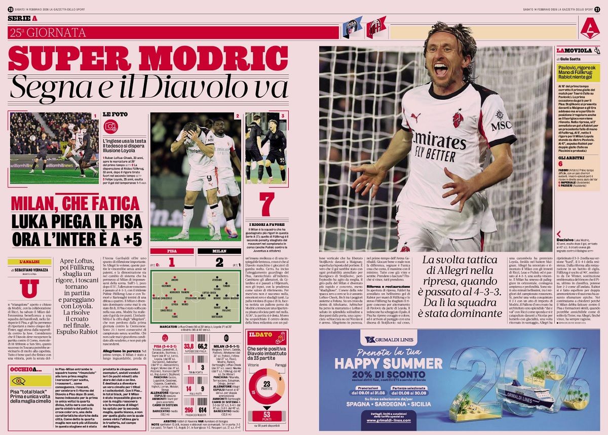 GdS: Allegri's crucial changes and Modric's brilliance - Pisa succumb to Milan