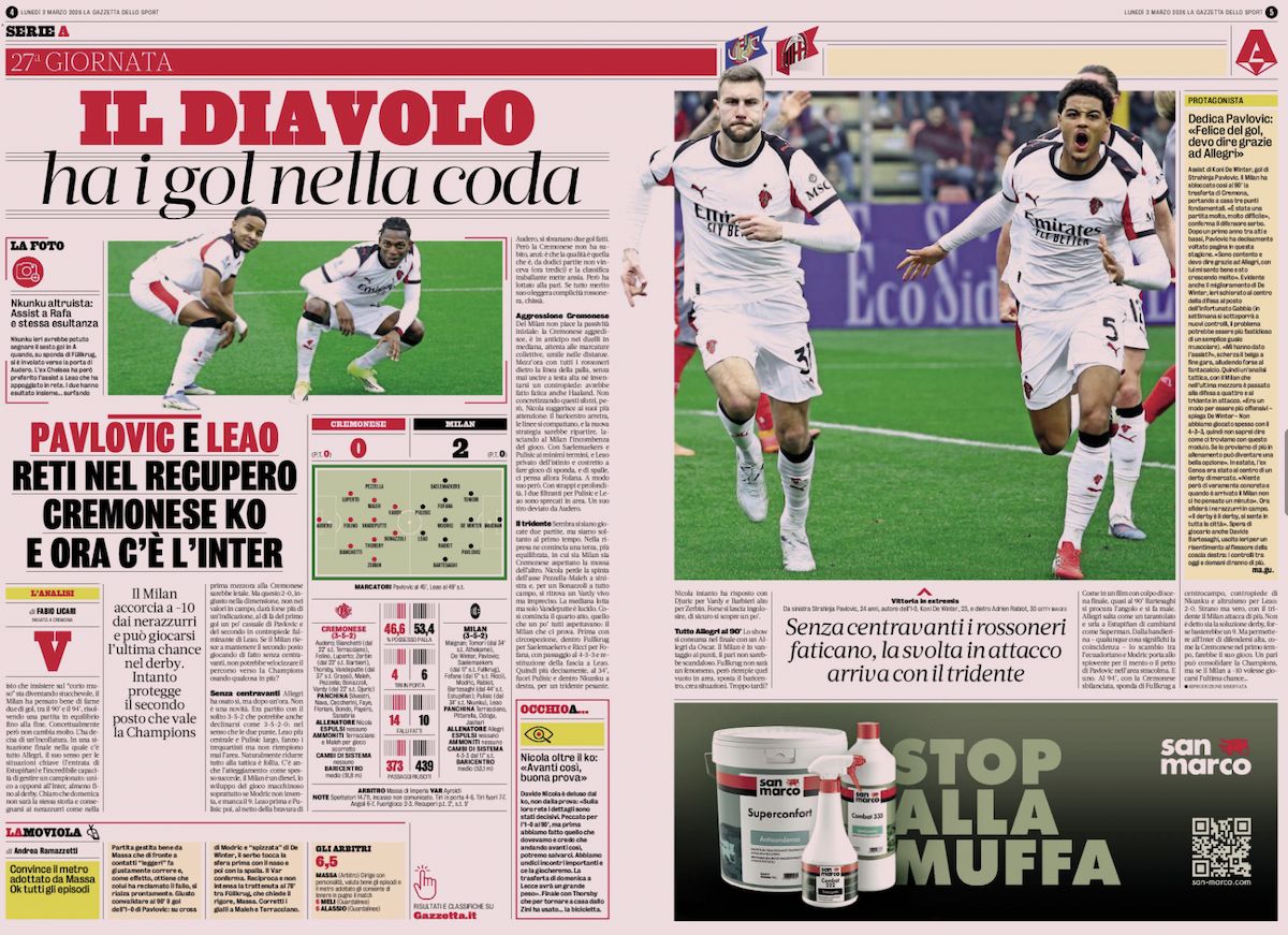 Gazzetta dello Sport March 2 2026 cremonese